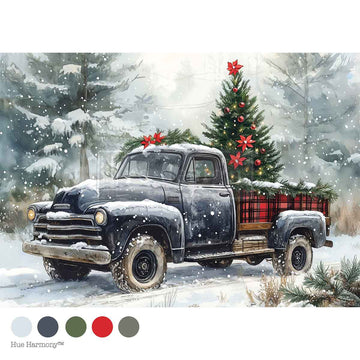 Vintage truck with Christmas tree in a snowy forest, featuring Hue Harmony color swatches.