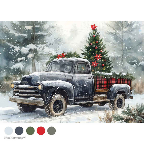 Vintage truck with Christmas tree in a snowy forest, featuring Hue Harmony color swatches.