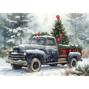 Vintage truck with Christmas tree and decorations in a snowy forest