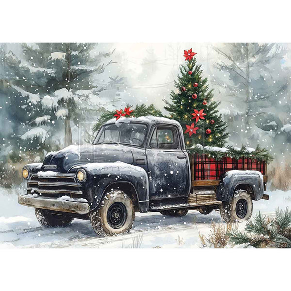 Vintage truck with Christmas tree and decorations in a snowy forest