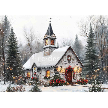 Snow-covered church with festive decorations in a winter forest