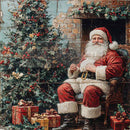 Santa Claus sitting in a chair by a fireplace with Christmas decorations and presents.