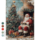 Vintage-style illustration of Santa Claus sitting by a fireplace with a Christmas tree and presents.