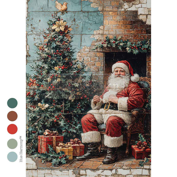 Vintage-style illustration of Santa Claus sitting by a fireplace with a Christmas tree and presents.