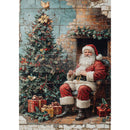 Vintage-style illustration of Santa Claus sitting by a fireplace with Christmas decorations and tree.