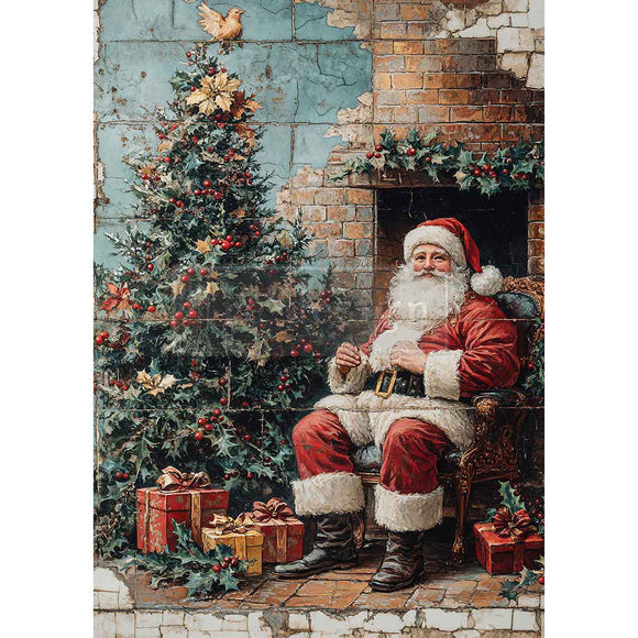 Vintage-style illustration of Santa Claus sitting by a fireplace with Christmas decorations and tree.