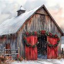 Wooden barn with red doors and festive decorations in a snowy landscape