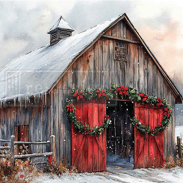 Wooden barn with red doors and festive decorations in a snowy landscape
