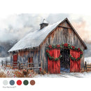 Painted barn with red doors and Christmas wreaths in a snowy landscape, with color swatches below.