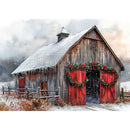 Wooden barn with red doors and Christmas wreaths in a snowy landscape