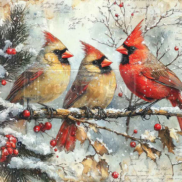 Three cardinals on a branch with snow and berries in the winter