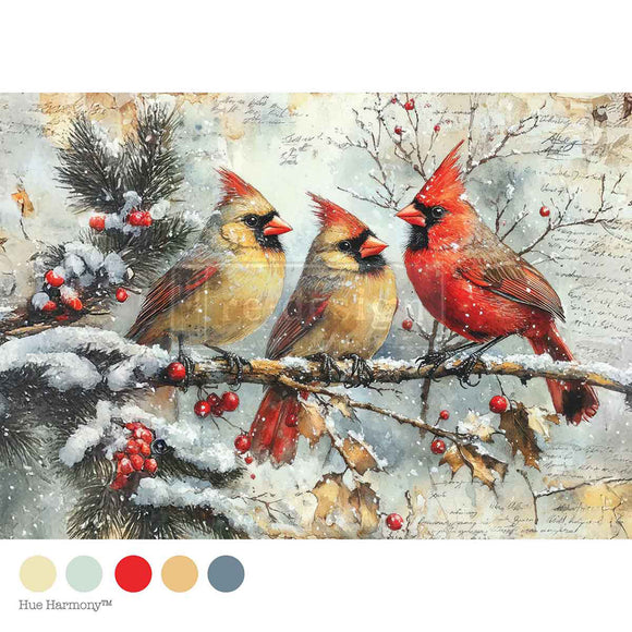 Three cardinals on a branch with snow and berries, featuring Hue Harmony color swatches.