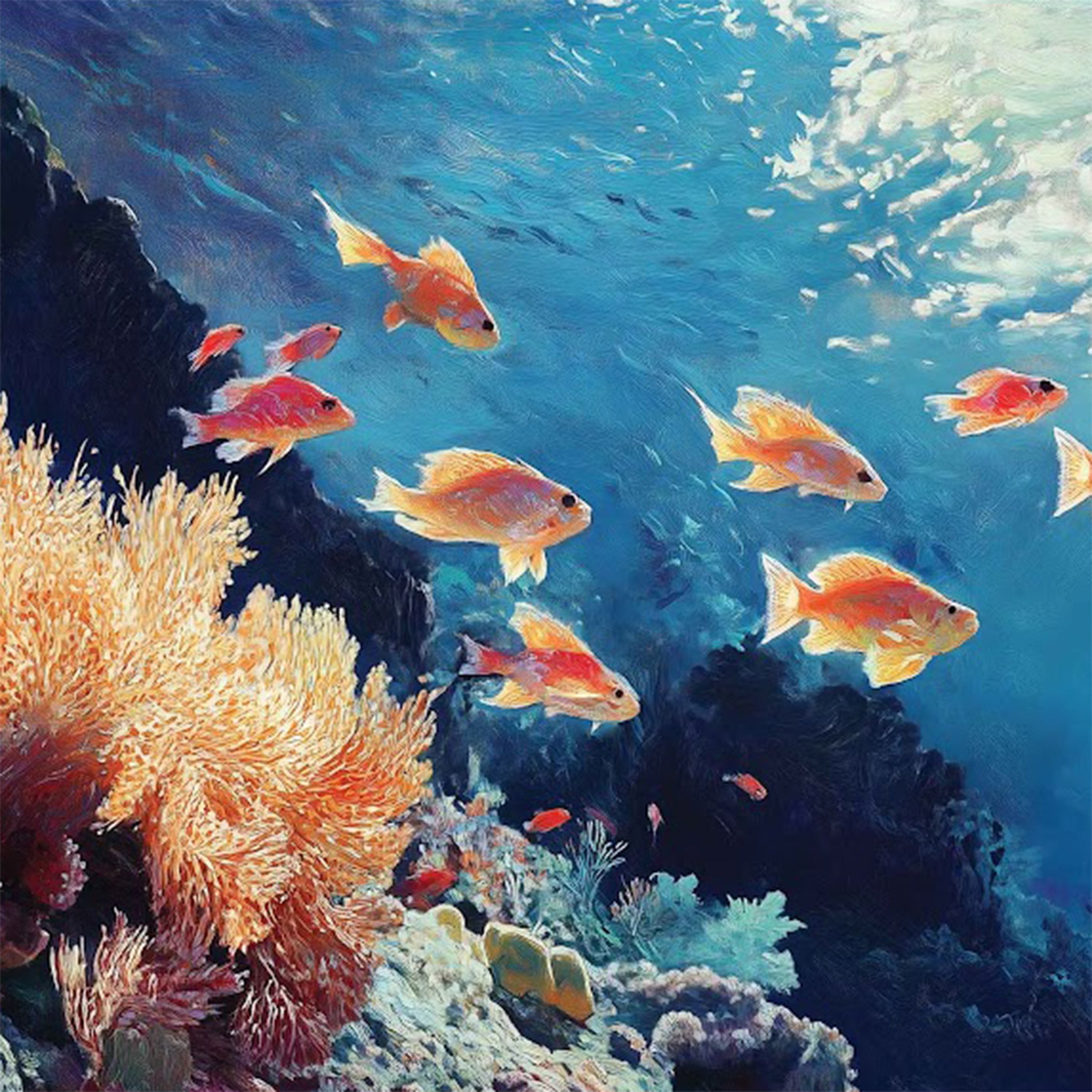 A close-up of a fiber paper features a playful design of bright fish swimming through colorful coral reefs against a soothing blue ocean backdrop.
