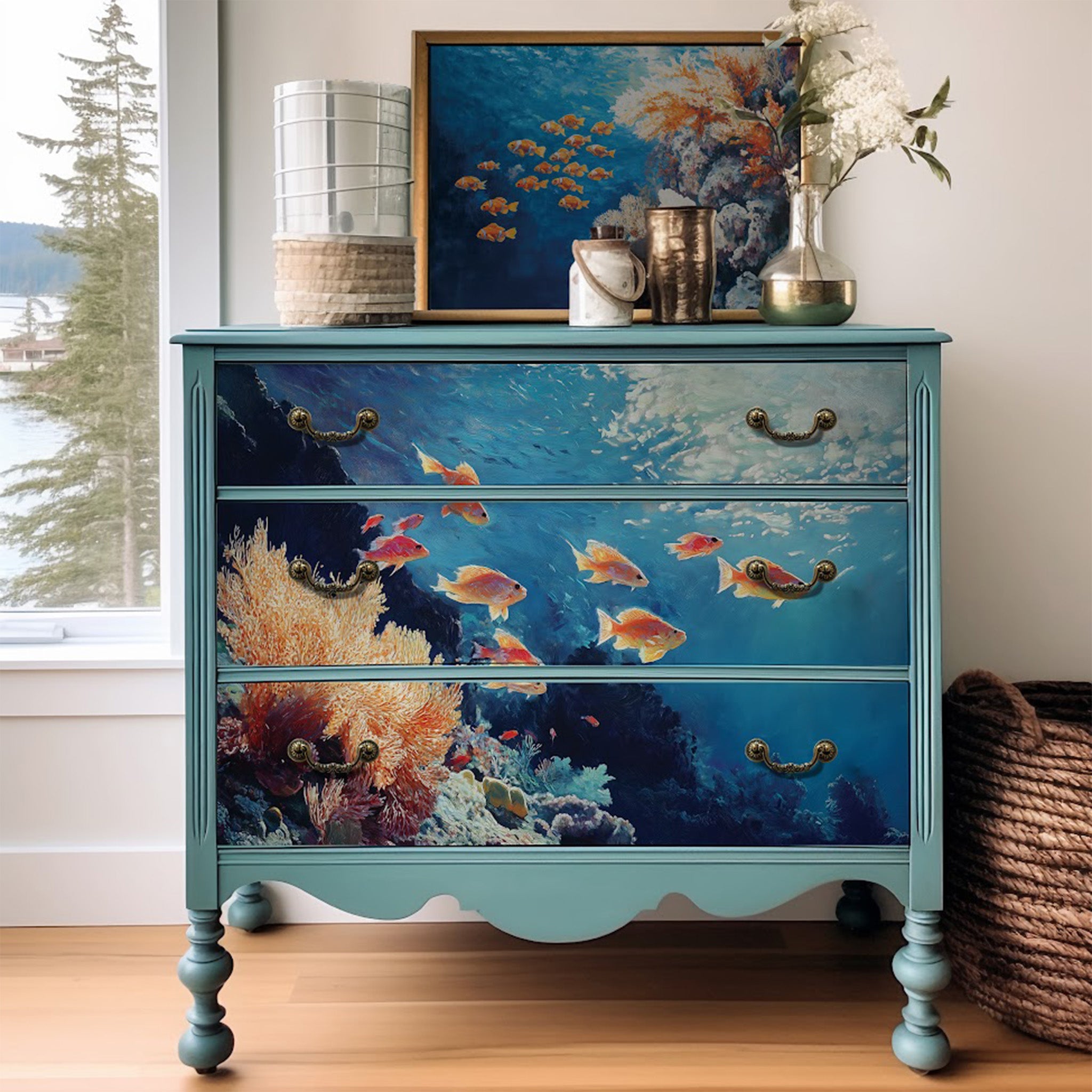 A blue vintage 3 drawer dresser and a gold photo frame feature both designs of ReDesign with Prima's Dancing with the Current fiber papers.