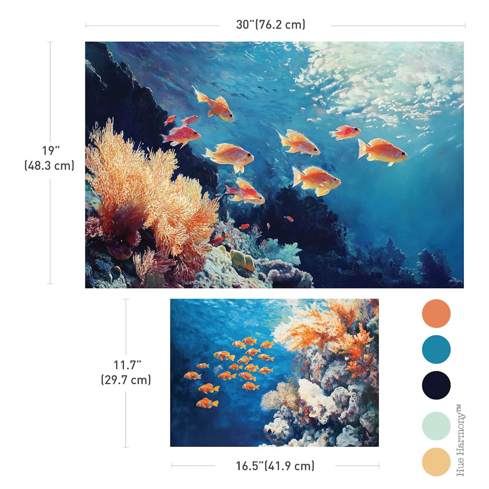 Two sheets of ReDesign with Prima's Dancing with the Current fiber paper are against a white background with 5 coordinating color samples. Measurements for the sheets are 30" (76.2 cm) x 19" (48.3 cm), and 11" (29.7 cm) x 16.5" (41.9 cm).