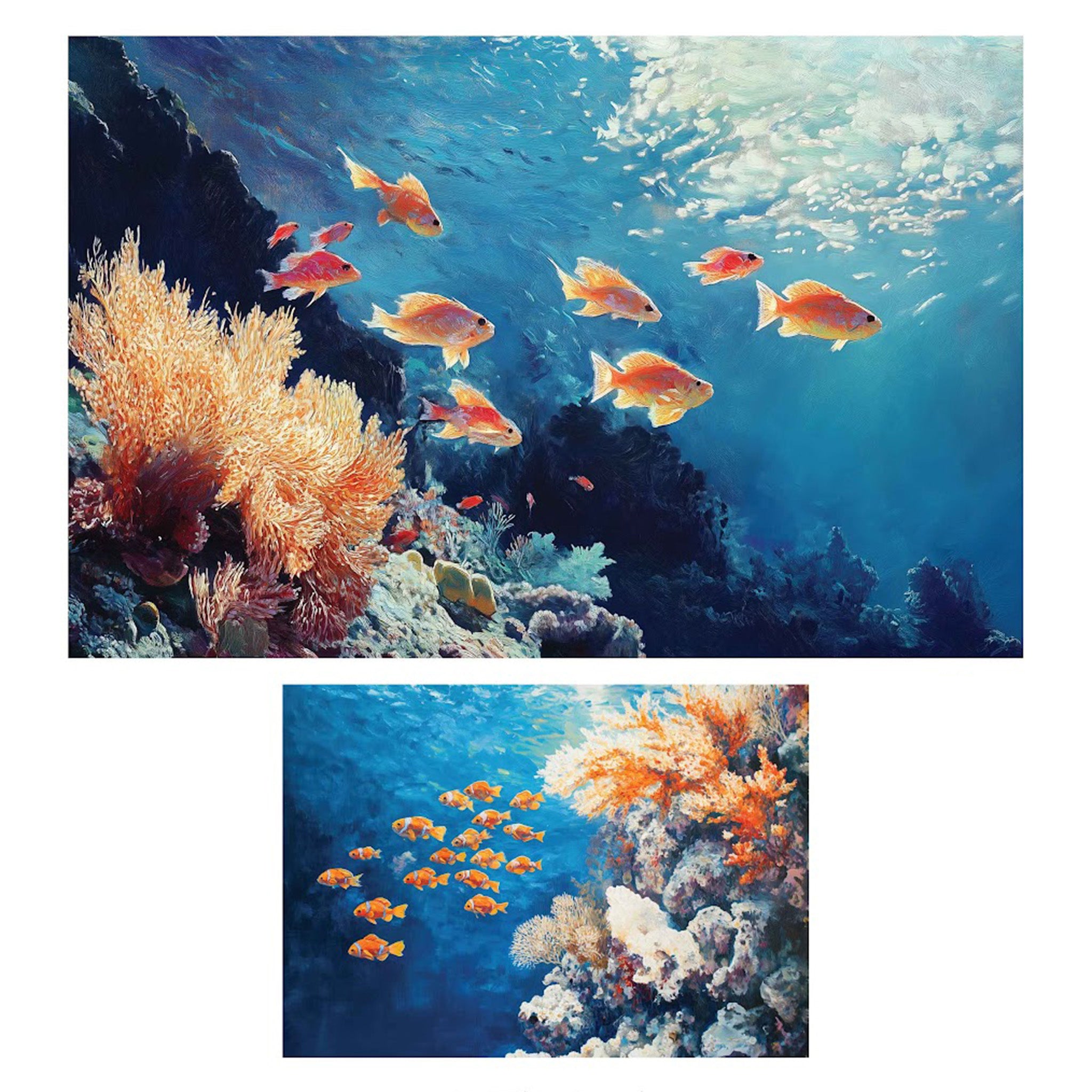 Two fiber papers of different sizes featuring two playful designs of bright fish swimming through colorful coral reefs against a soothing blue ocean backdrop are against a white background.