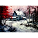 A3 fiber paper featuring a cabin in a snowy forest. White borders are on the top and bottom.