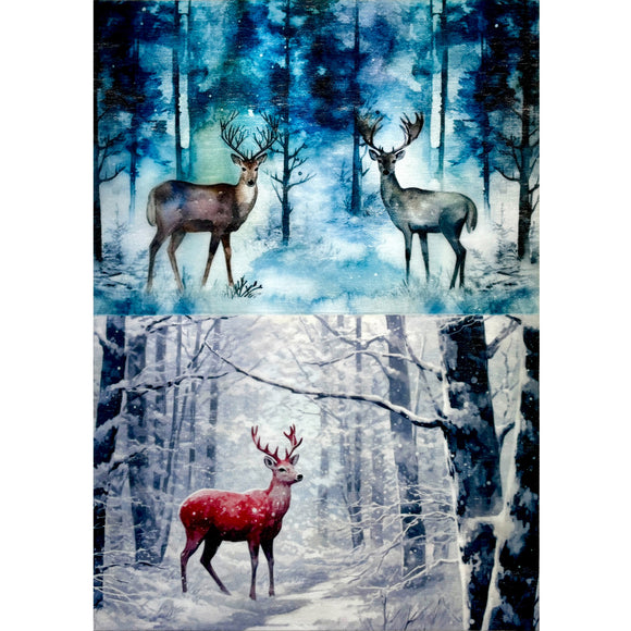 A3 fiber paper featuring 3 designs of lone deer standing in wintery forests. White borders are on the sides.