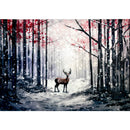 A3 fiber paper featuring a lone deer standing in the middle of a winter forest. White borders are on the top and bottom.