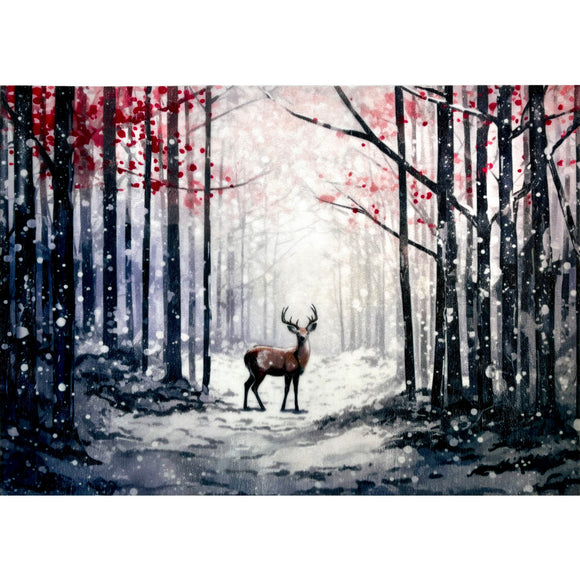 A3 fiber paper featuring a lone deer standing in the middle of a winter forest. White borders are on the top and bottom.