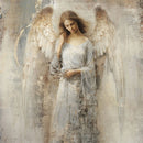 Close-up of an A1 fiber paper featuring a serene angel in a cream dress on a distressed background.