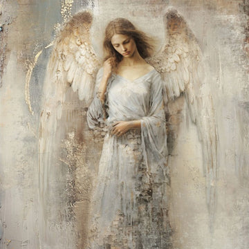 Close-up of an A1 fiber paper featuring a serene angel in a cream dress on a distressed background.