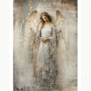 A1 fiber paper featuring a serene angel in a cream dress on a distressed background. White borders are on the sides.
