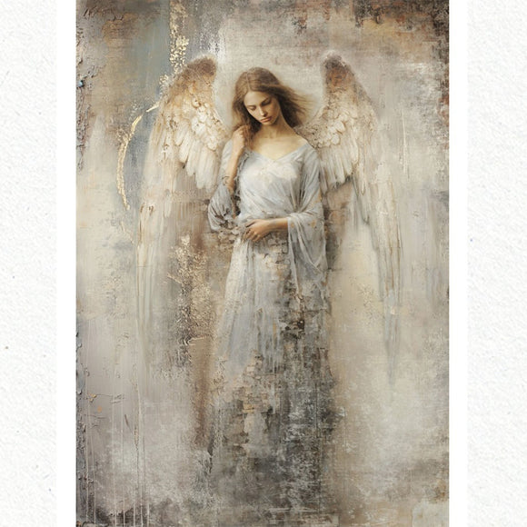 A1 fiber paper featuring a serene angel in a cream dress on a distressed background. White borders are on the sides.