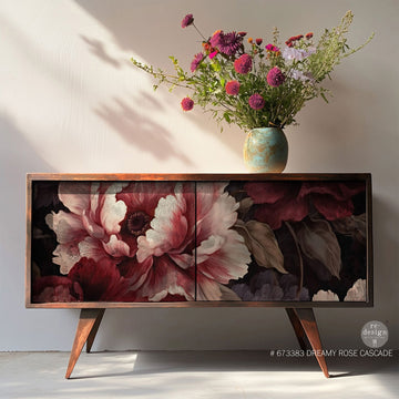 A modern mid century tv console table features ReDesign with Prima's Dreamy Rose Cascade A1 Fiber paper on its 2 sliding doors.