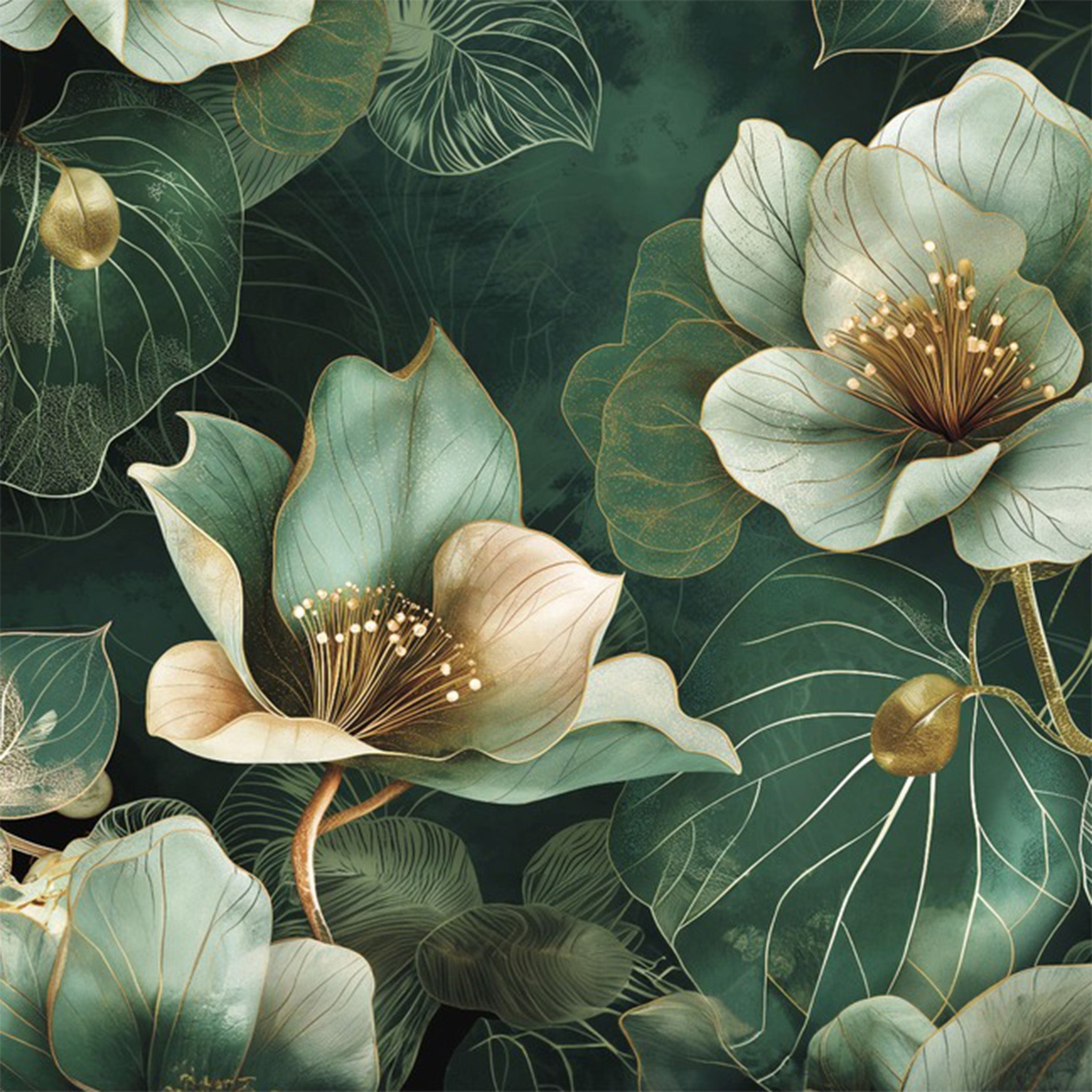 Close-up of an A1 fiber paper featuring beautiful white blooms and large green elephant ear leaves with accents of gold.