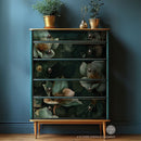 A 5-drawer chest dresser features ReDesign with Prima's Emerald Elegance A1 Fiber paper on the front.