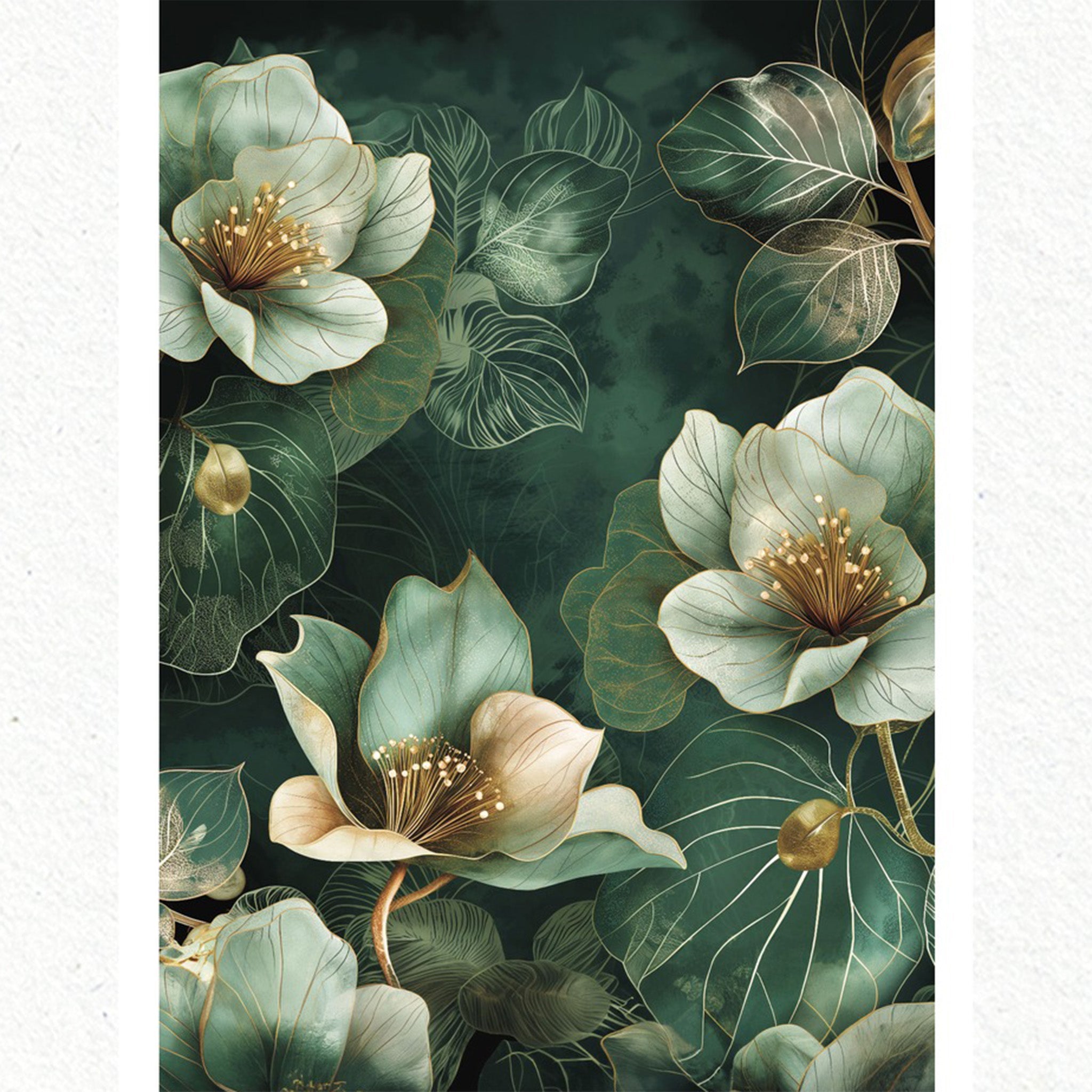 A1 fiber paper featuring beautiful white blooms and large green elephant ear leaves with accents of gold. White borders are on the sides.