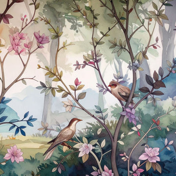 ReDesign with Prima Enchanted Forest A1 fiber decoupage paper close-up with watercolor birds, branches, and pink flowers