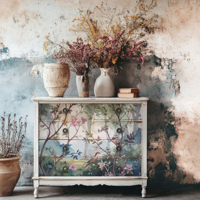 White vintage dresser makeover using ReDesign with Prima Enchanted Forest A1 fiber decoupage paper on drawer fronts