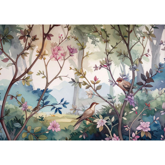 Dark gray dresser decorated with ReDesign with Prima Enchanted Forest A1 fiber decoupage paper in a botanical bird design