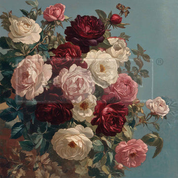 Vintage-style floral arrangement with red, white, and pink roses on a textured blue background.