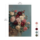 Floral painting with dimensions (23.4" x 33.1")  and color swatches on a white background