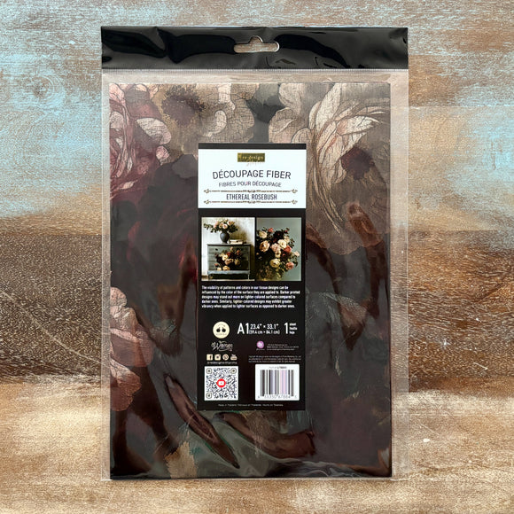 Packaged decoupage fiber on a textured wooden surface