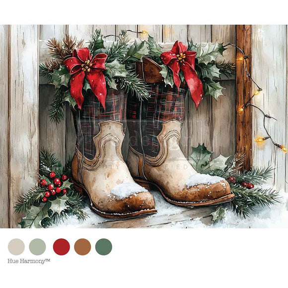 Decorative illustration of cowboy boots with plaid patterns, surrounded by Christmas decorations on a wooden background.