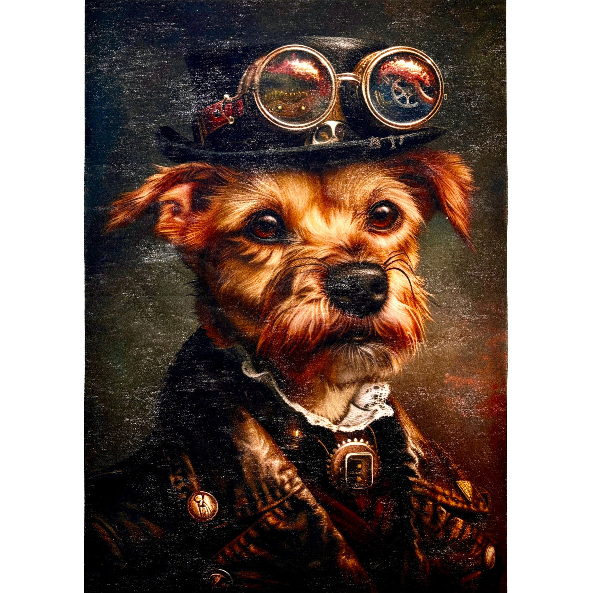 A3 fiber paper design featuring a Terrier dog dressed in Steampunk attire. White borders are on the sides.