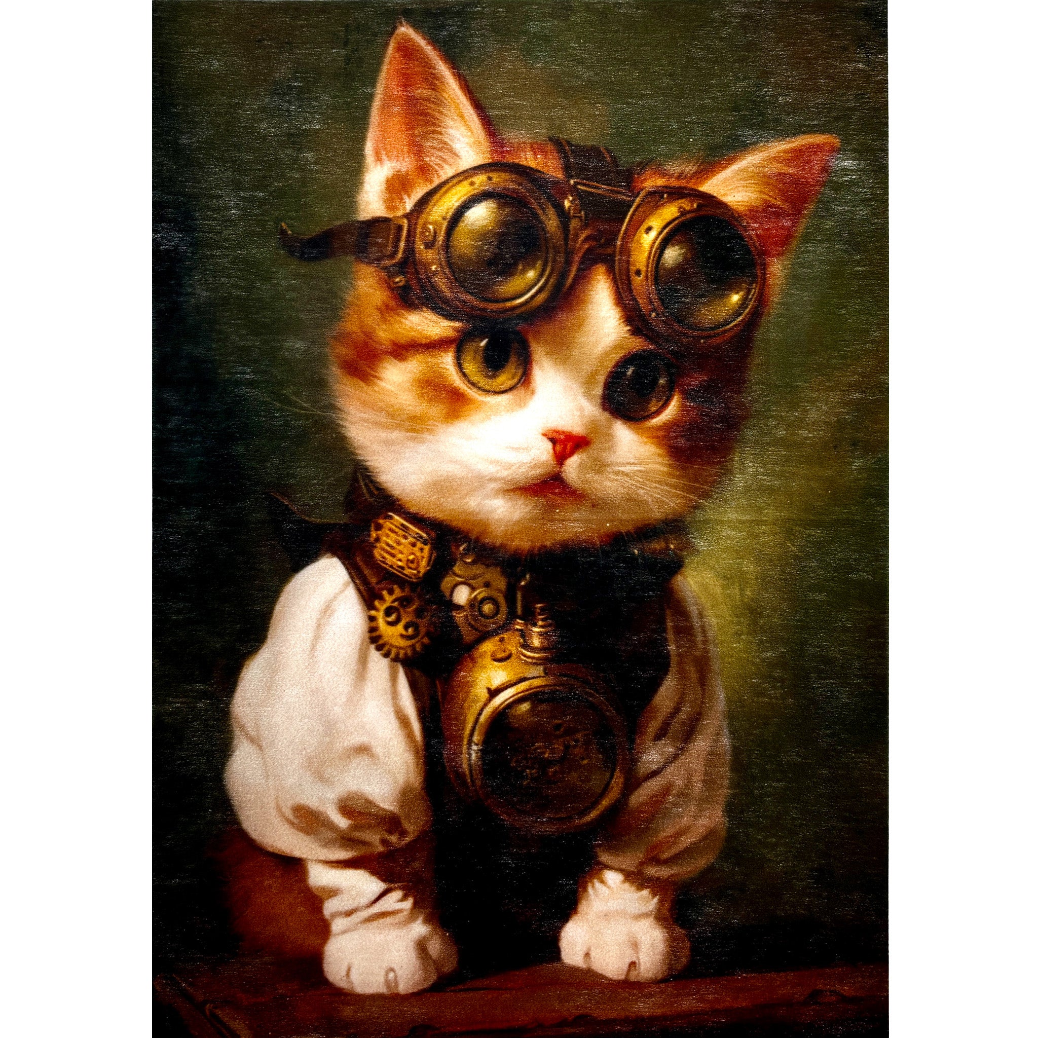 A3 fiber paper design featuring an orange tabby kitten dressed in Steampunk attire. White borders are on the sides.