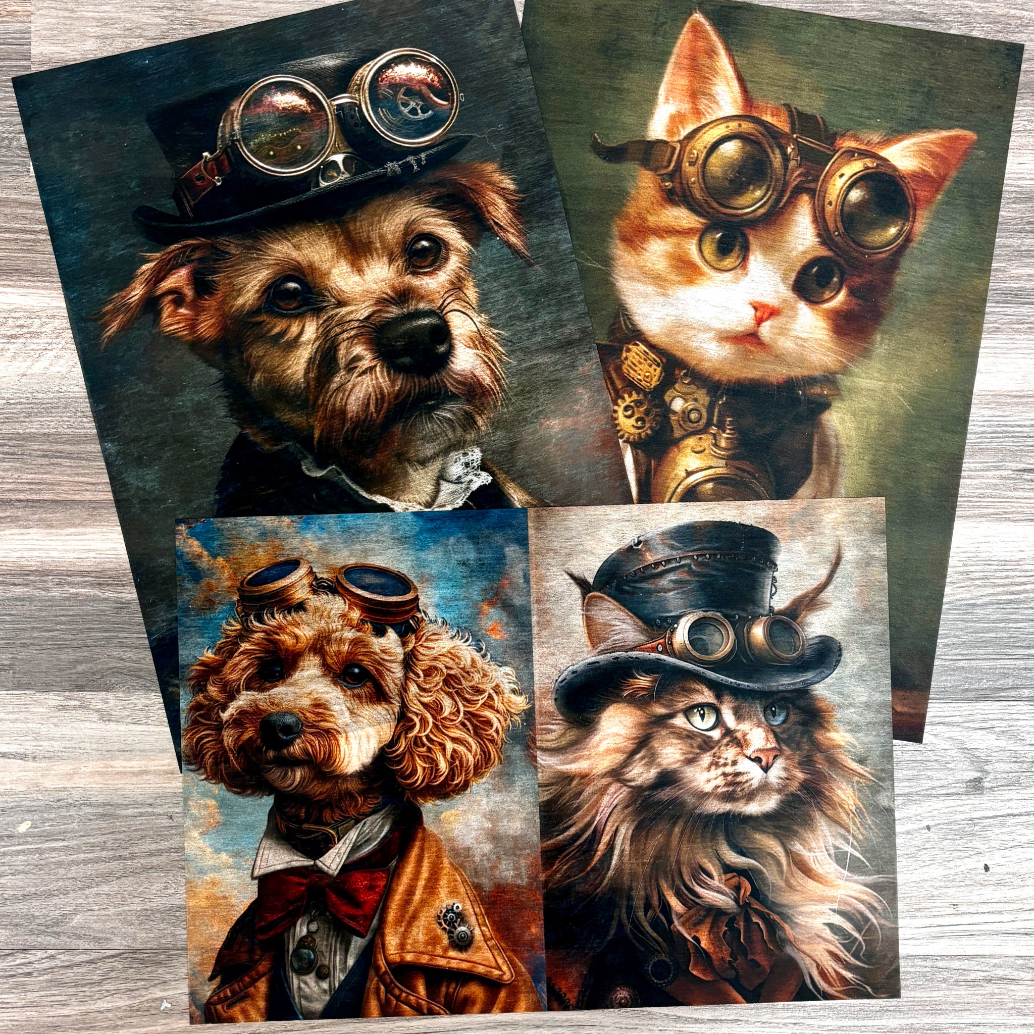 Three sheets of A3 fiber paper designs that feature steampunk styled cats and dogs are against a wood background.