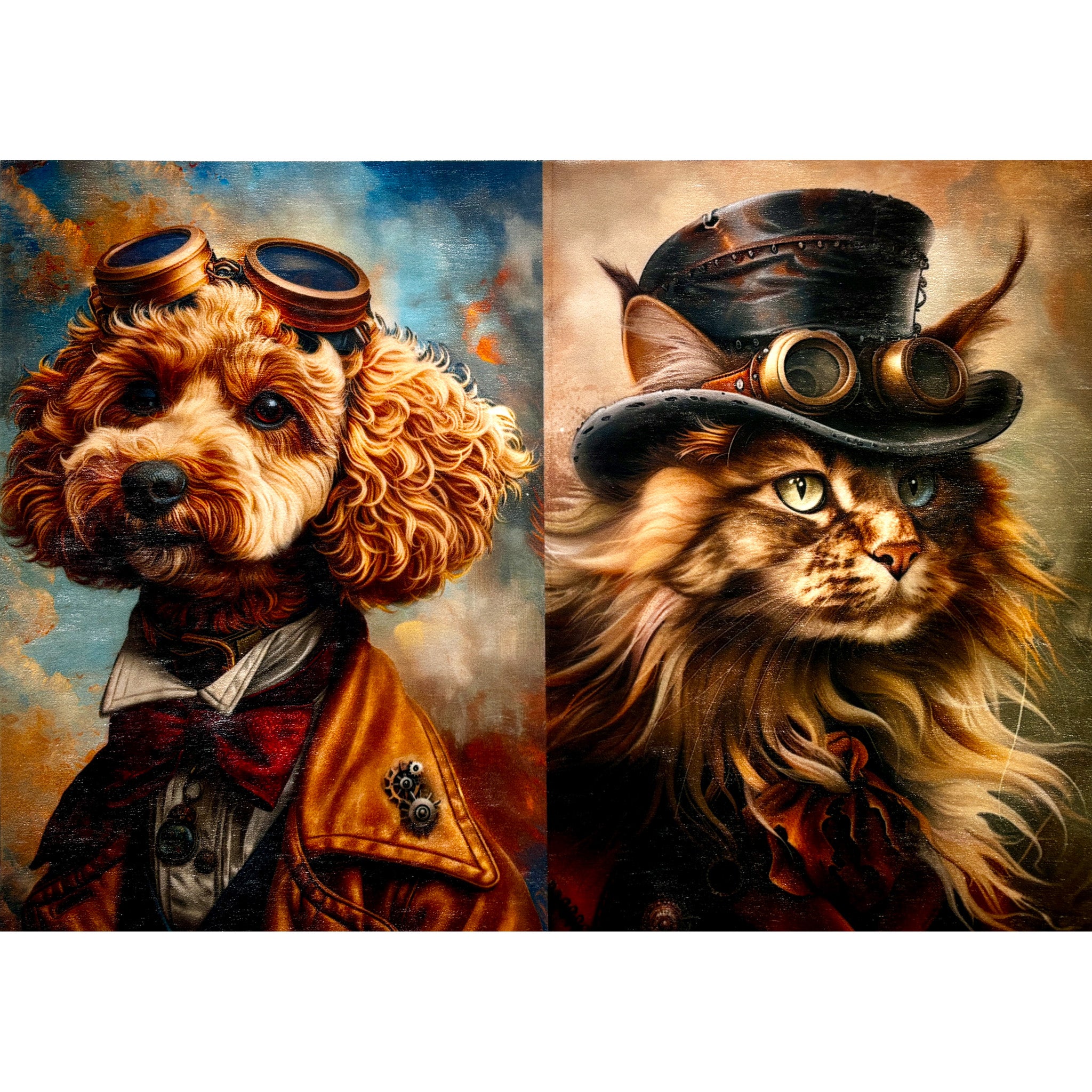 A3 fiber paper featuring 2 designs of a Poodle and Maine Coon cat dressed in Steampunk attire. White borders are on the top and bottom. 