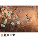 A1 fiber paper that features birds perched among white-flowered branches set against a warm copper background. Five color samples are below the paper.