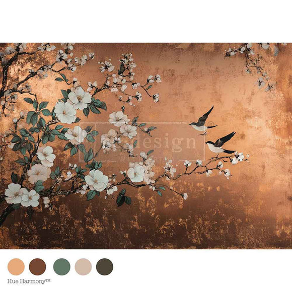 A1 fiber paper that features birds perched among white-flowered branches set against a warm copper background. Five color samples are below the paper.