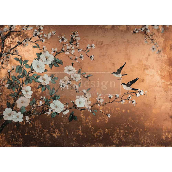 A1 fiber paper that features birds perched among white-flowered branches set against a warm copper background.