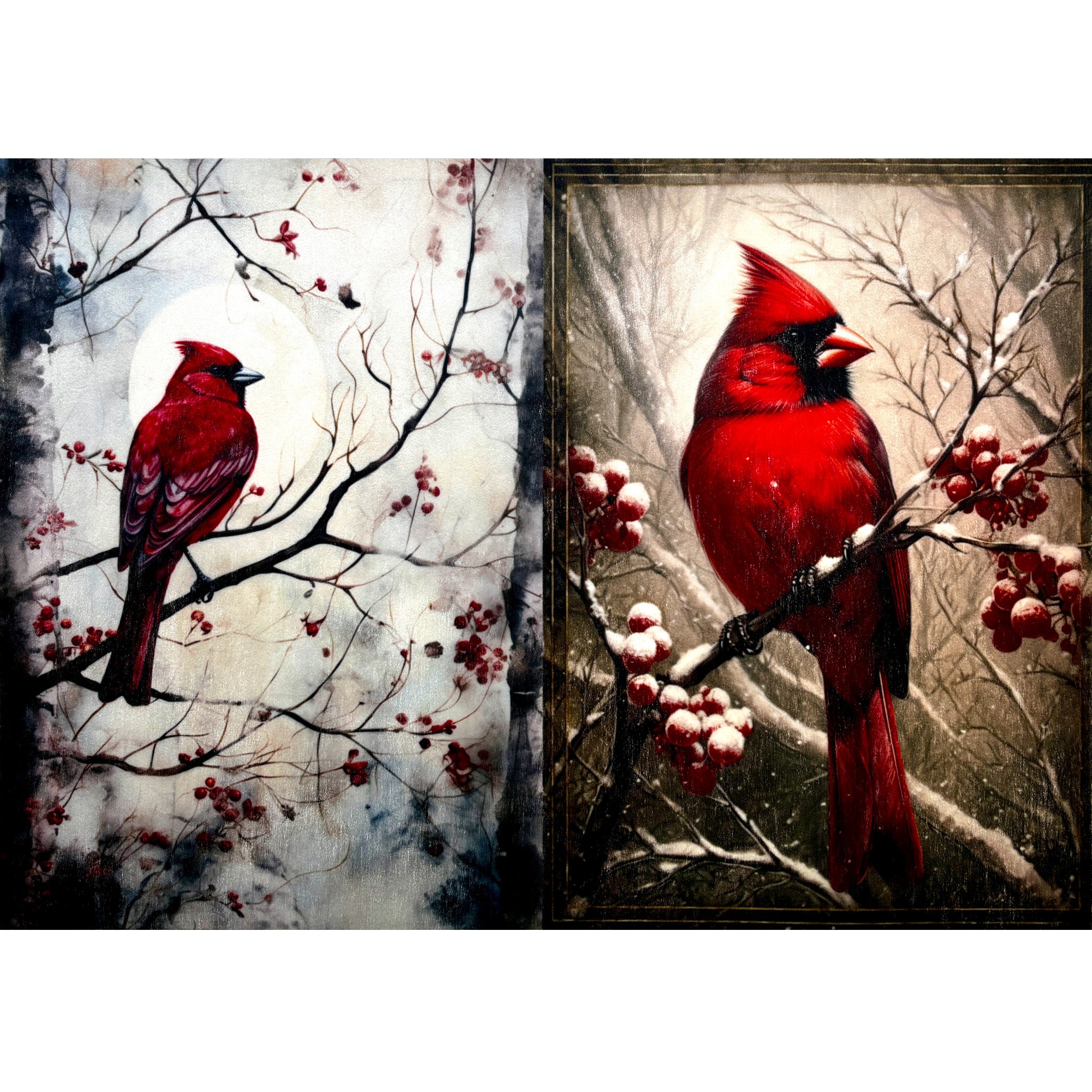 A3 fiber paper featuring 2 designs of red cardinal birds sitting on snow covered tree branches with red berries. White borders are on the top and bottom.