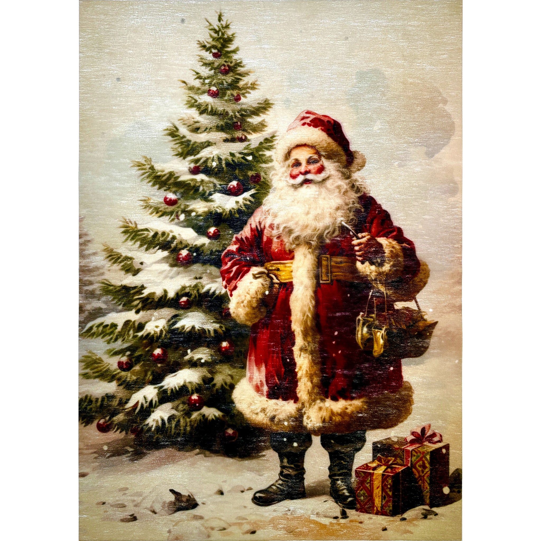 A3 fiber paper featuring Santa standing in front of a snow covered Christmas tree. White borders are on the sides.