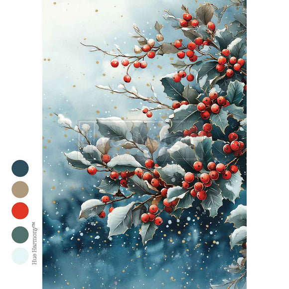 Decorative design of holly berries and leaves with a snowy background