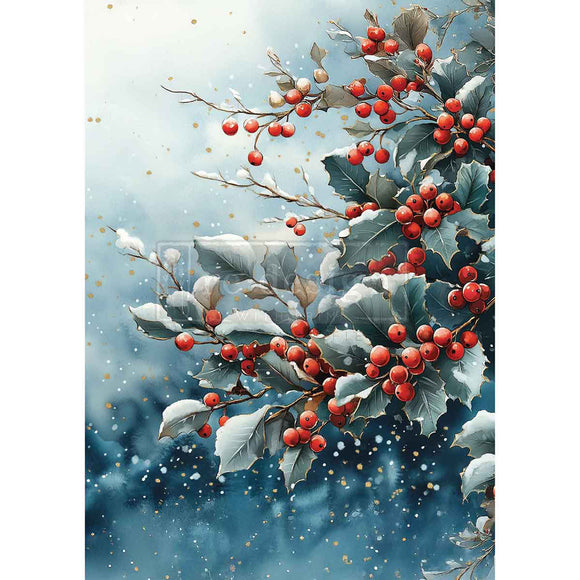 Decorative image of holly berries and leaves with a snowy background